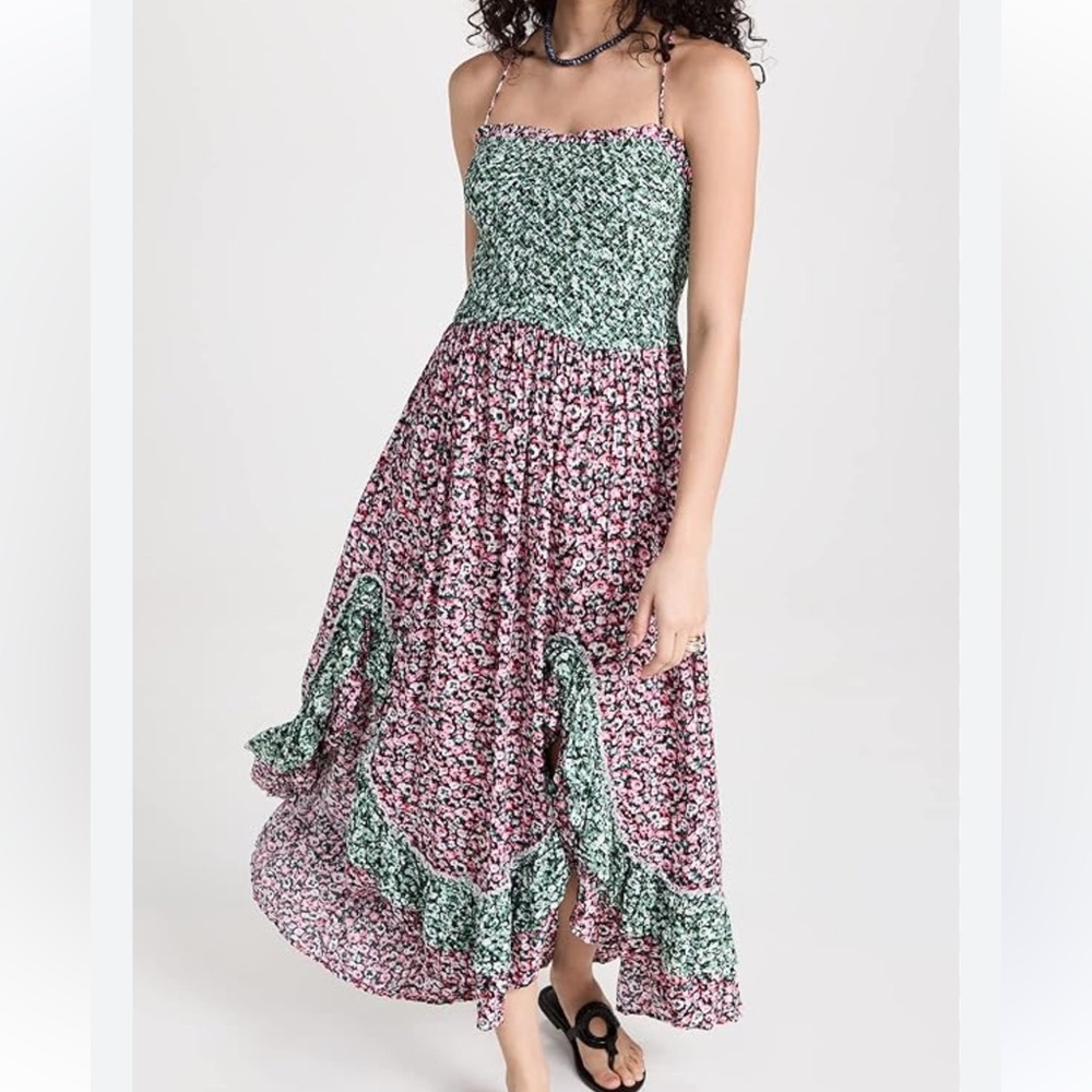 Free People Smocked Floral Maxi Dress in Pink and Green